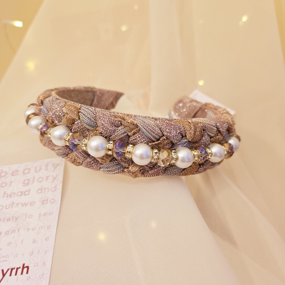 Anthropologie Curried Myrrh Constance Pearled Metallic Braided Headband - Picture 4 of 6